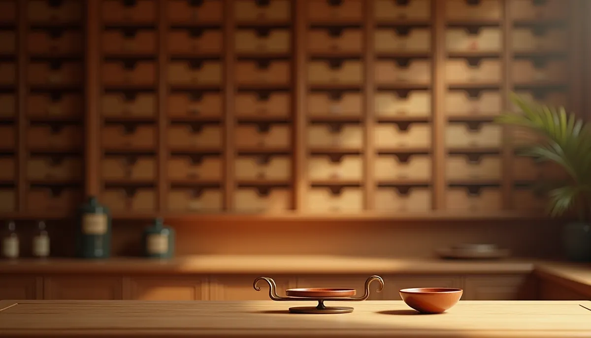 A traditional Chinese medicine apothecary interior — a wall of small wooden herb drawers behind a brass balance scale and a ceramic bowl on a counter