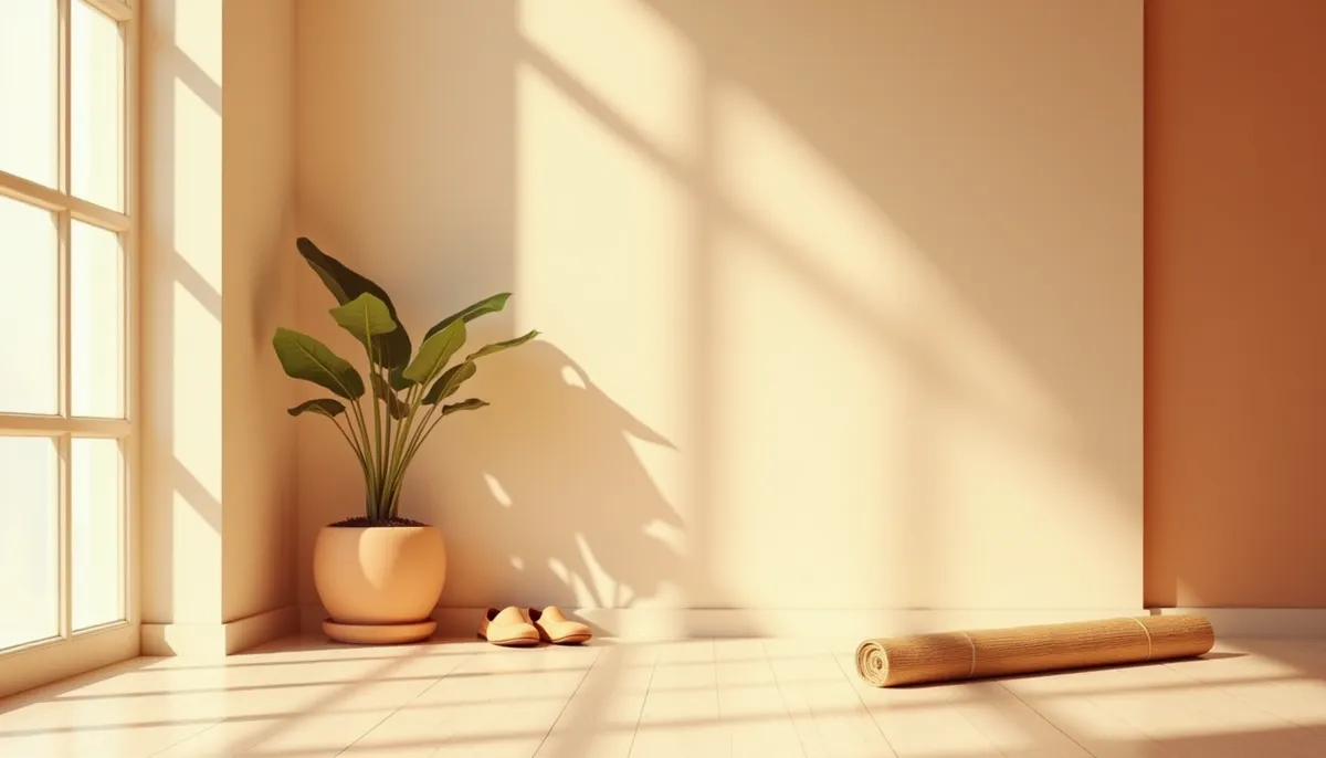 A calm sunlit room with a rolled bamboo mat, plain cloth shoes and a potted plant, evoking gentle daily movement