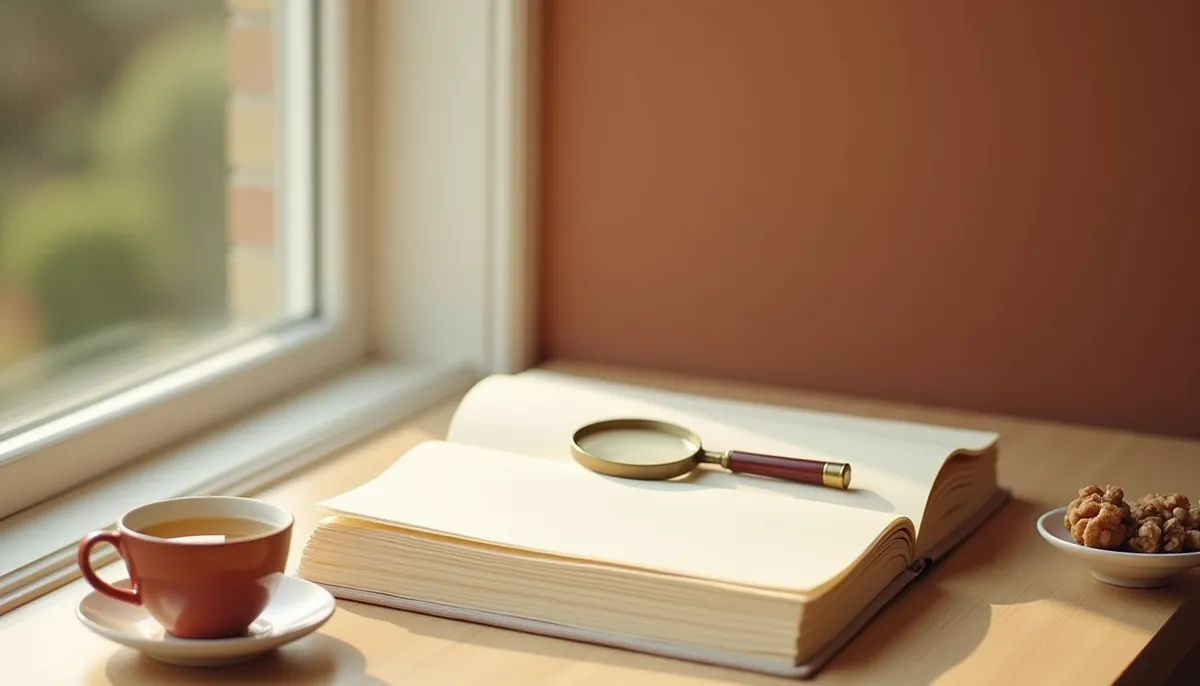 A quiet study scene by a window with an open book, a brass magnifying glass, a cup of tea and a small dish of walnuts