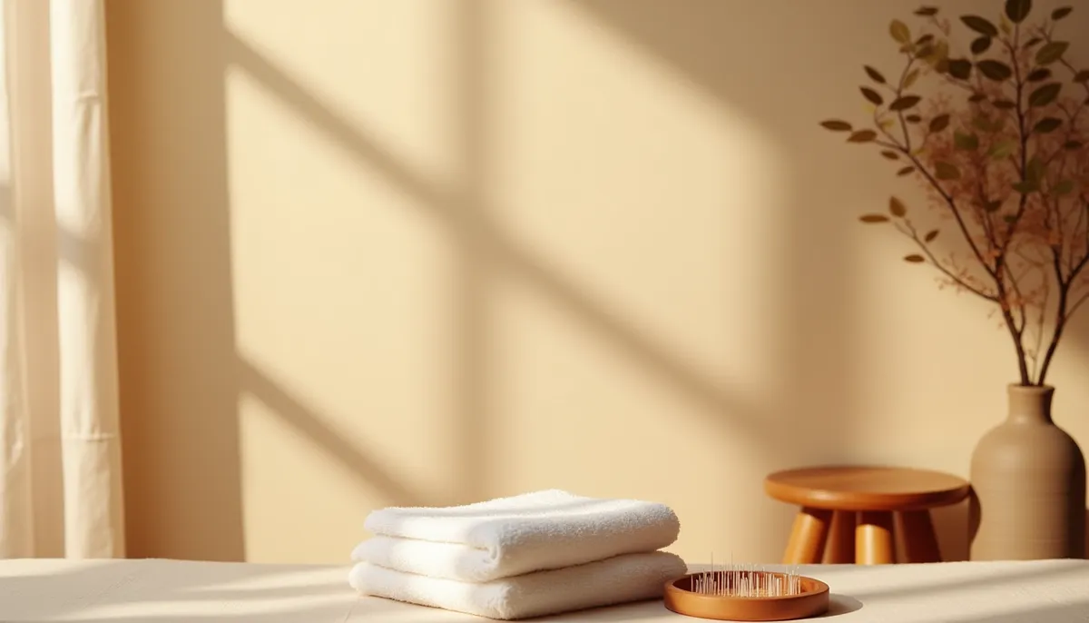 A calm TCM treatment room corner with folded white towels and a small tray of fine acupuncture needles on a wooden stool by a sunlit window