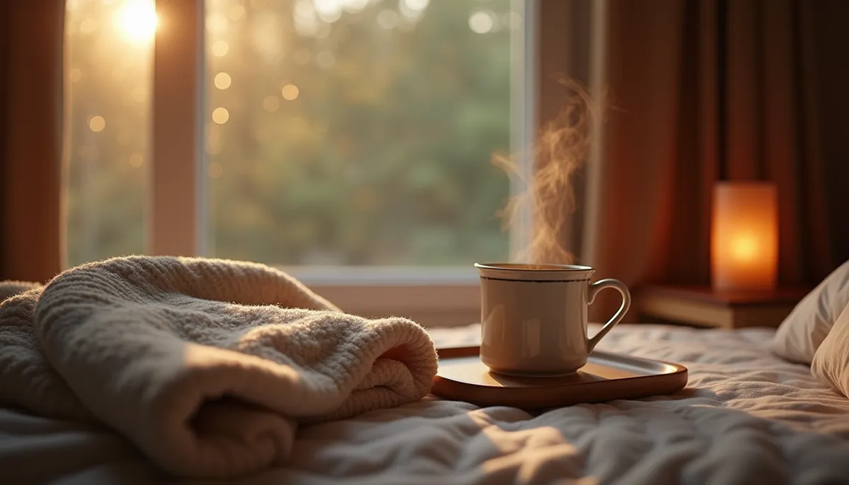 A cozy recovery scene: a soft blanket and a steaming mug on a tray by a window in warm evening light