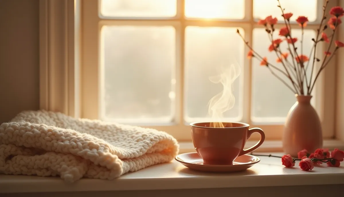 A soft windowsill in warm morning light with a knitted blanket, a steaming cup of tea and a vase of rosebuds
